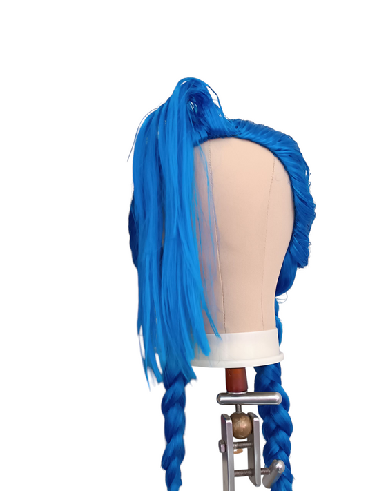 Long Blue Handmade Cosplay Jinx Wig with Widow's Peak Hairline and Double Braids