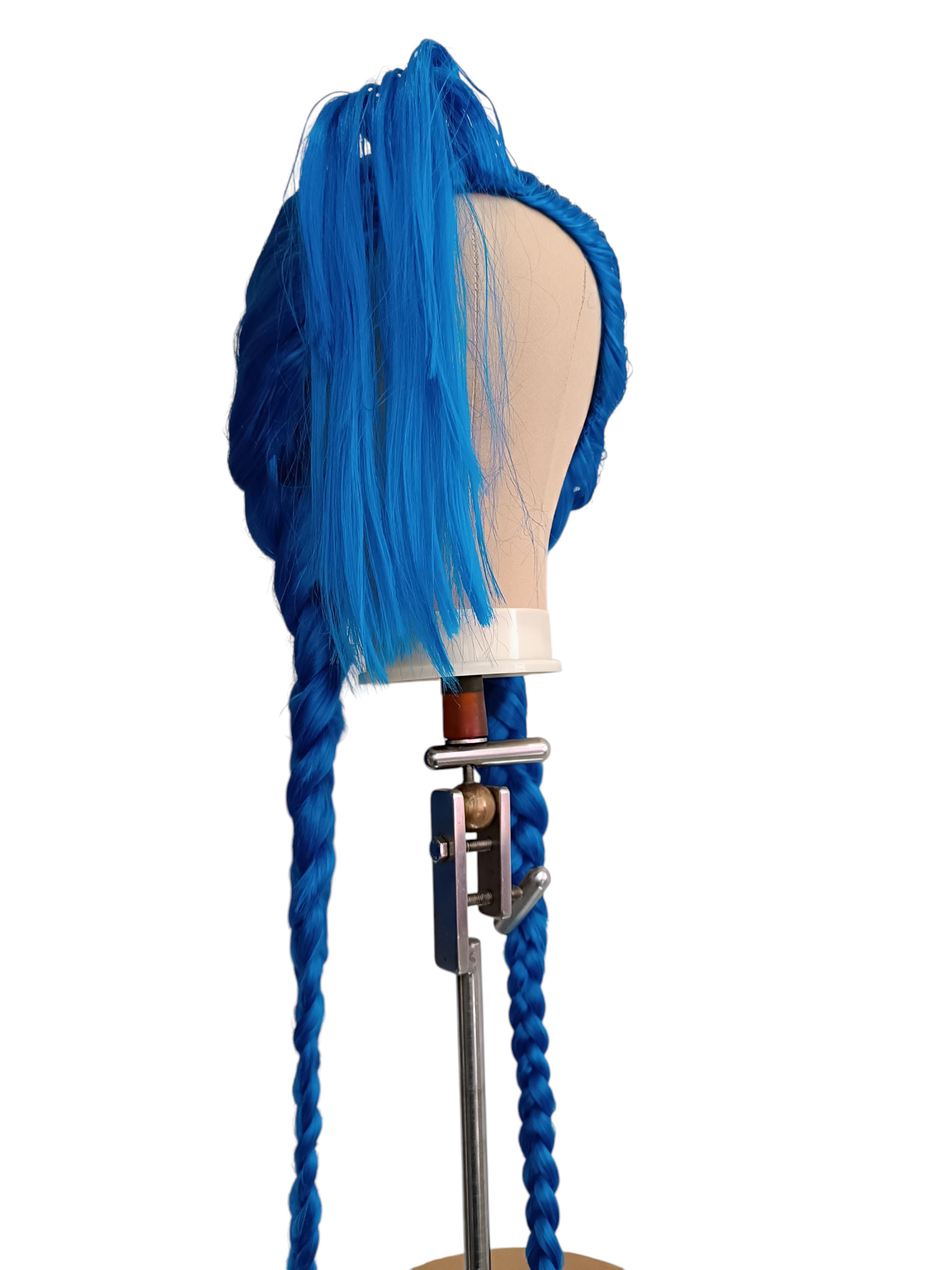 Lang blå håndlavet cosplay Jinx paryk med Widow's Peak hårgrænse og dobbelte fletninger