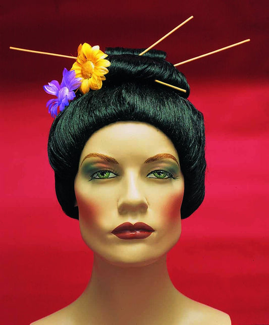 Japanese Geisha Authentic Black Costume Wig. Size Customizable. Wooden Stick and Flowers Included.