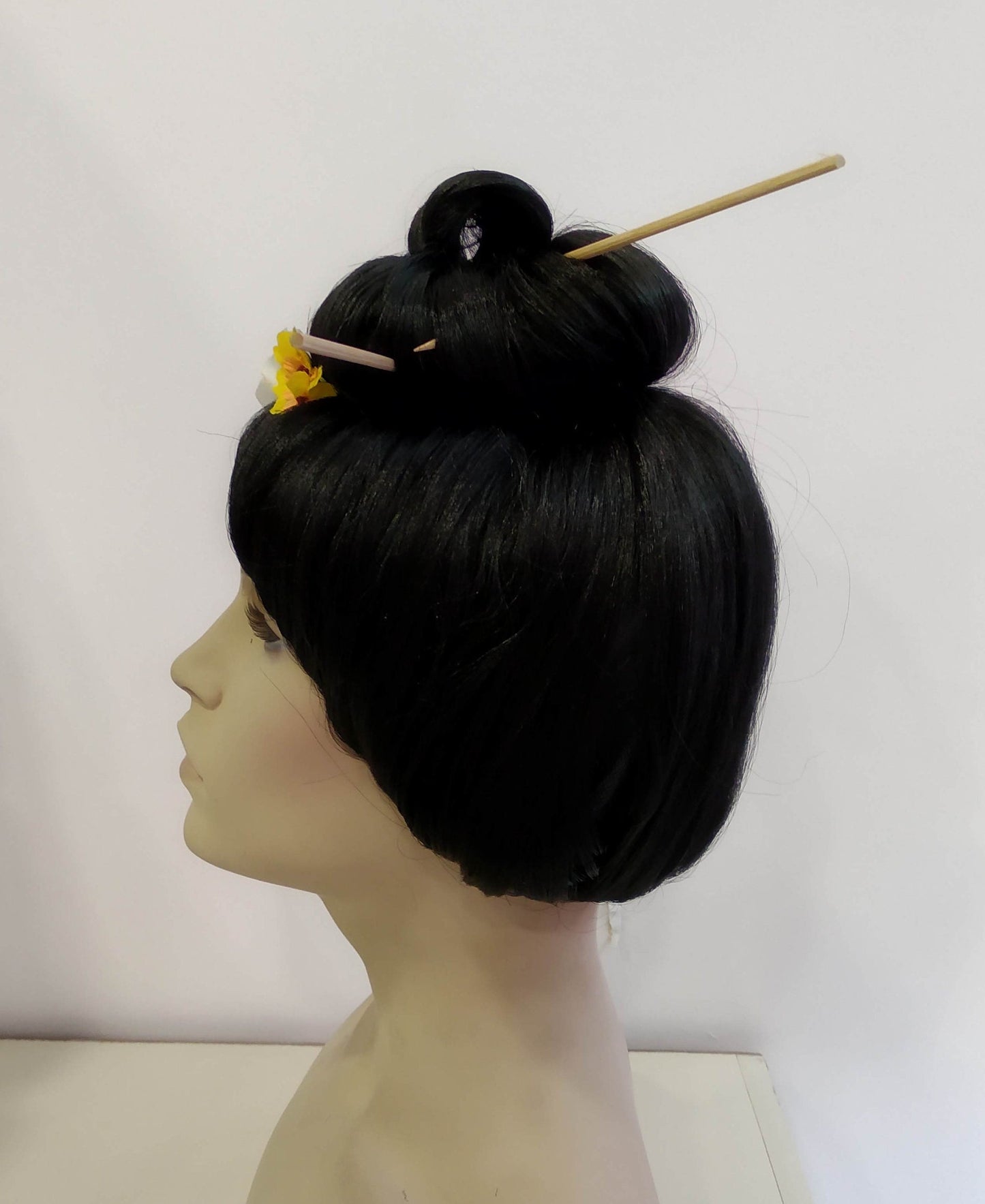 Japanese Geisha Authentic Black Costume Wig. Size Customizable. Wooden Stick and Flowers Included.