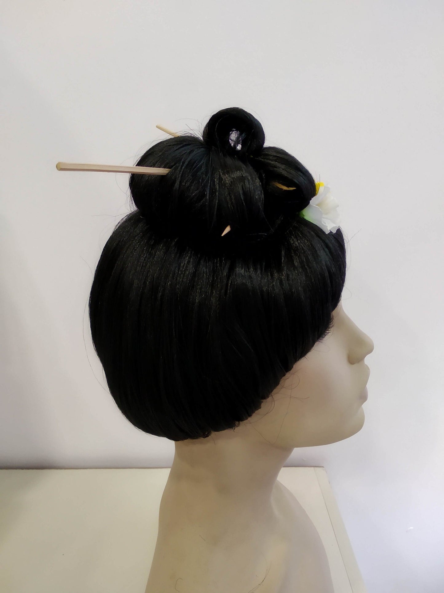 Japanese Geisha Authentic Black Costume Wig. Size Customizable. Wooden Stick and Flowers Included.