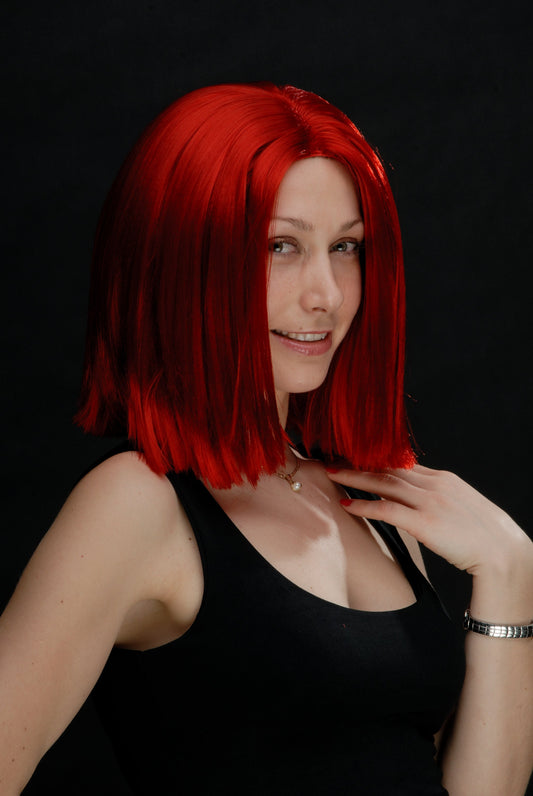 Fire Red Straight Bob costume Wig with parting in the middle and length of 14"