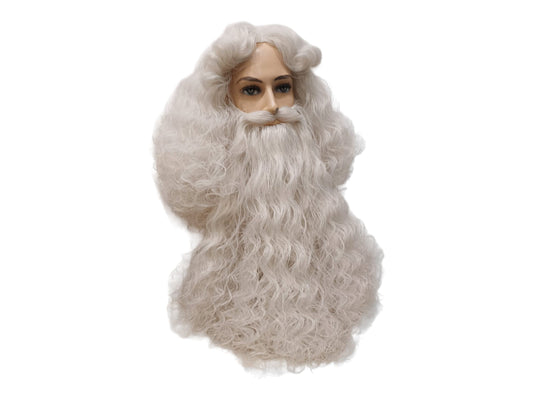 Professional Santa Claus Set Wig and Beard in natural off white grayish matt color