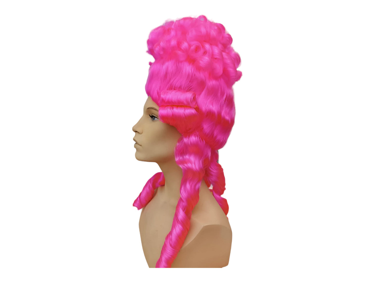 Livlig fuchsia Marie Antoinette høj bouffant periodeparyk | Rokoko paryk med elegante krøller og fletninger