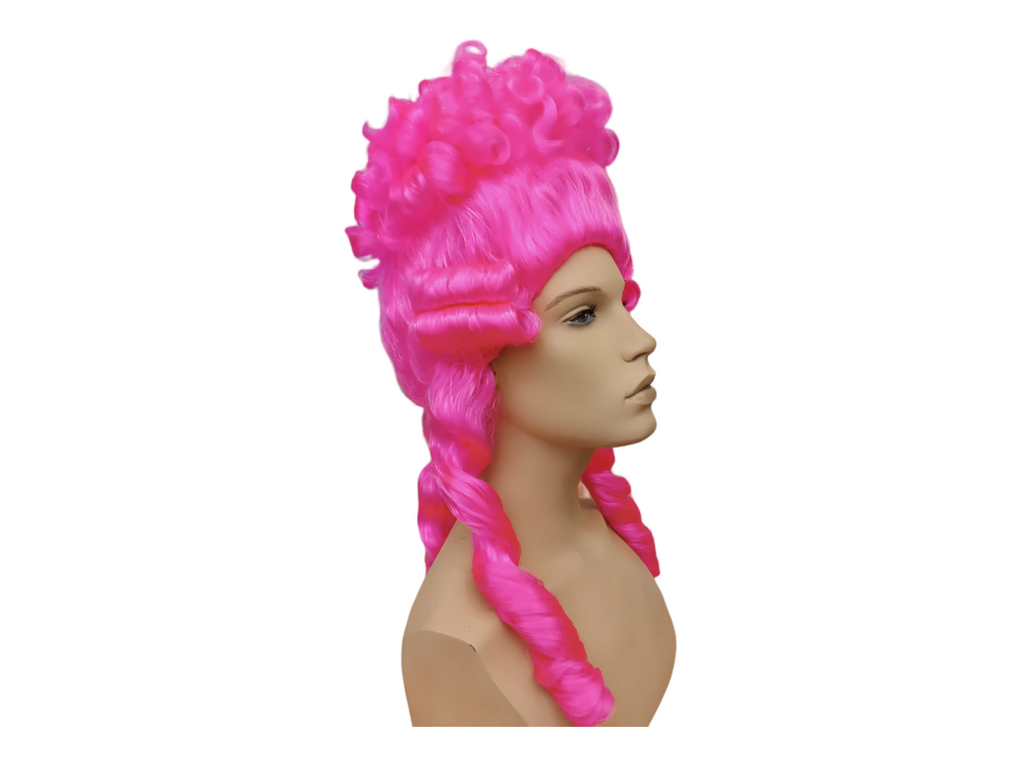 Livlig fuchsia Marie Antoinette høj bouffant periodeparyk | Rokoko paryk med elegante krøller og fletninger