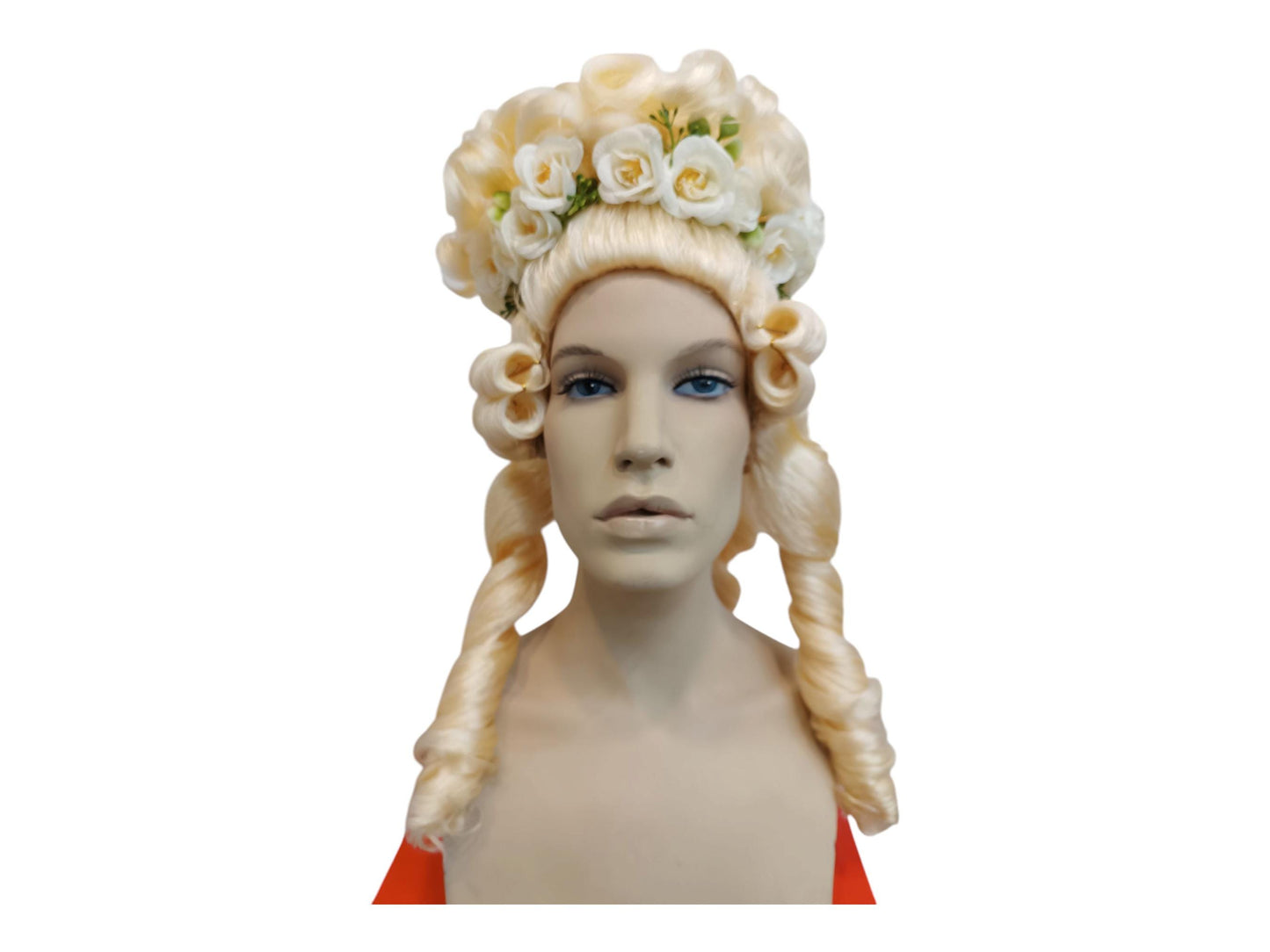 Vaalea Marie Antoinette -tyylinen korkea bouffant-peruukki | Rokokoo-peruukki eleganteilla kiharoilla, leteillä ja kukilla