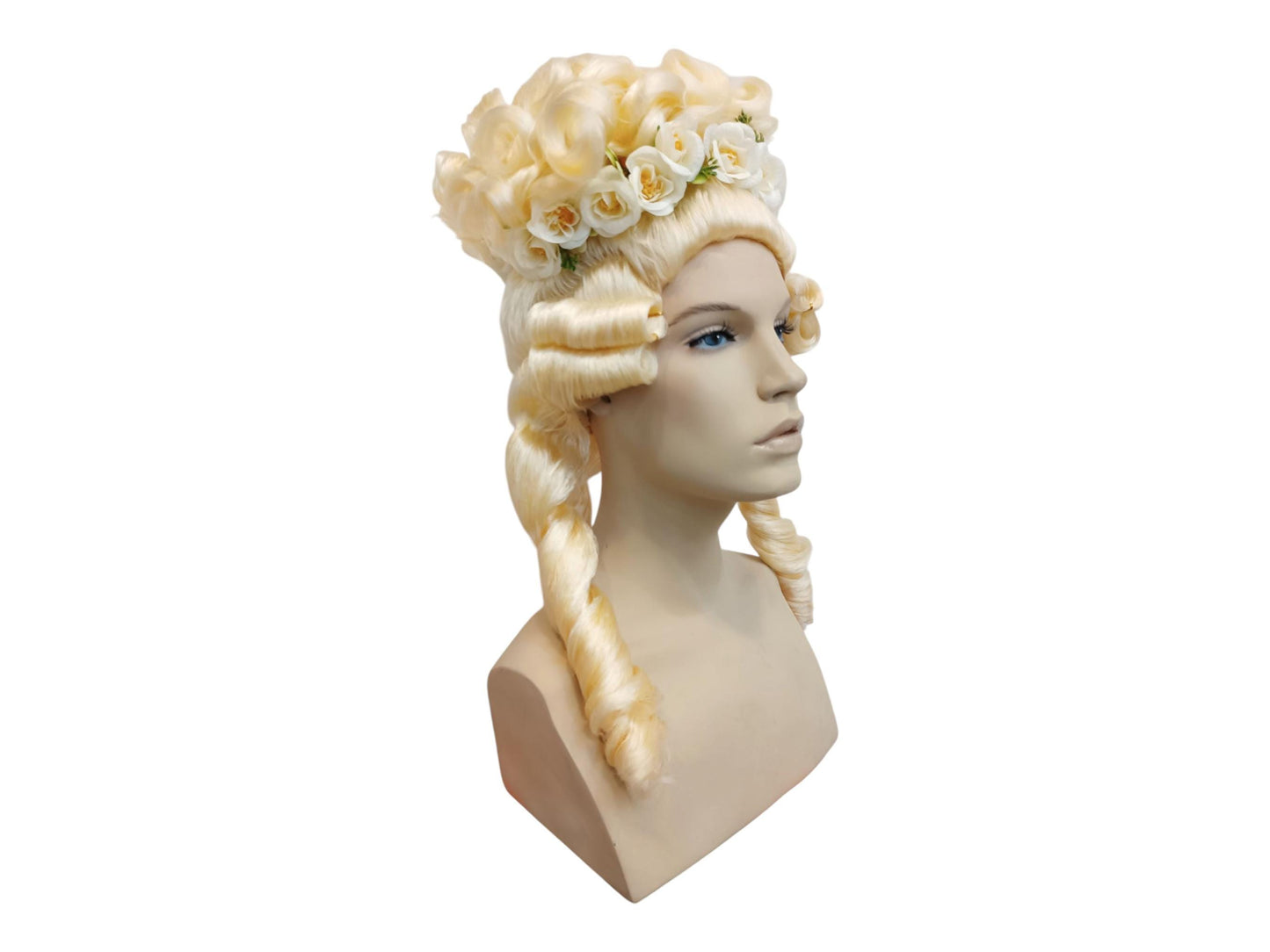 Vaalea Marie Antoinette -tyylinen korkea bouffant-peruukki | Rokokoo-peruukki eleganteilla kiharoilla, leteillä ja kukilla