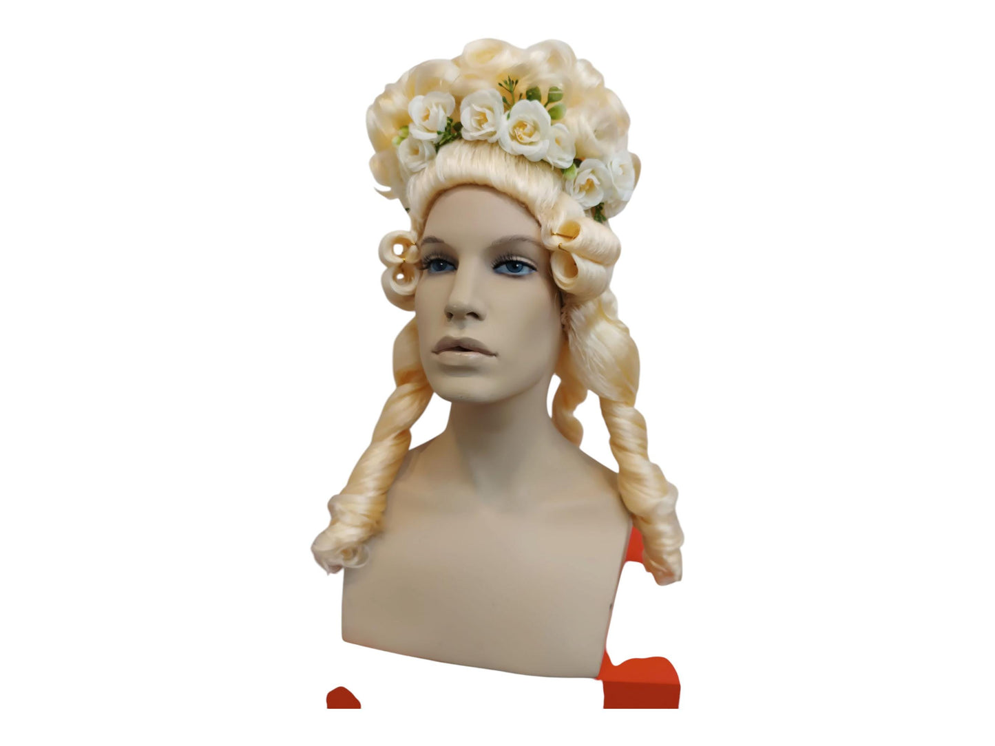 Vaalea Marie Antoinette -tyylinen korkea bouffant-peruukki | Rokokoo-peruukki eleganteilla kiharoilla, leteillä ja kukilla