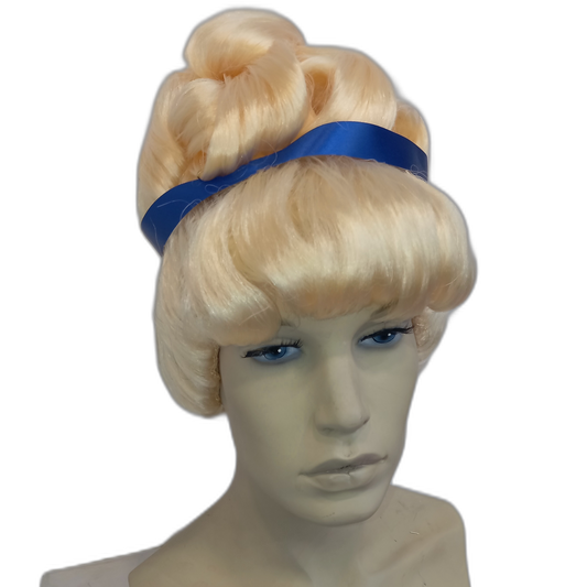 Handmade Blonde Curly Cinderella Wig with Classic Updo and Blue Ribbon Crown | Fairy Princess Style