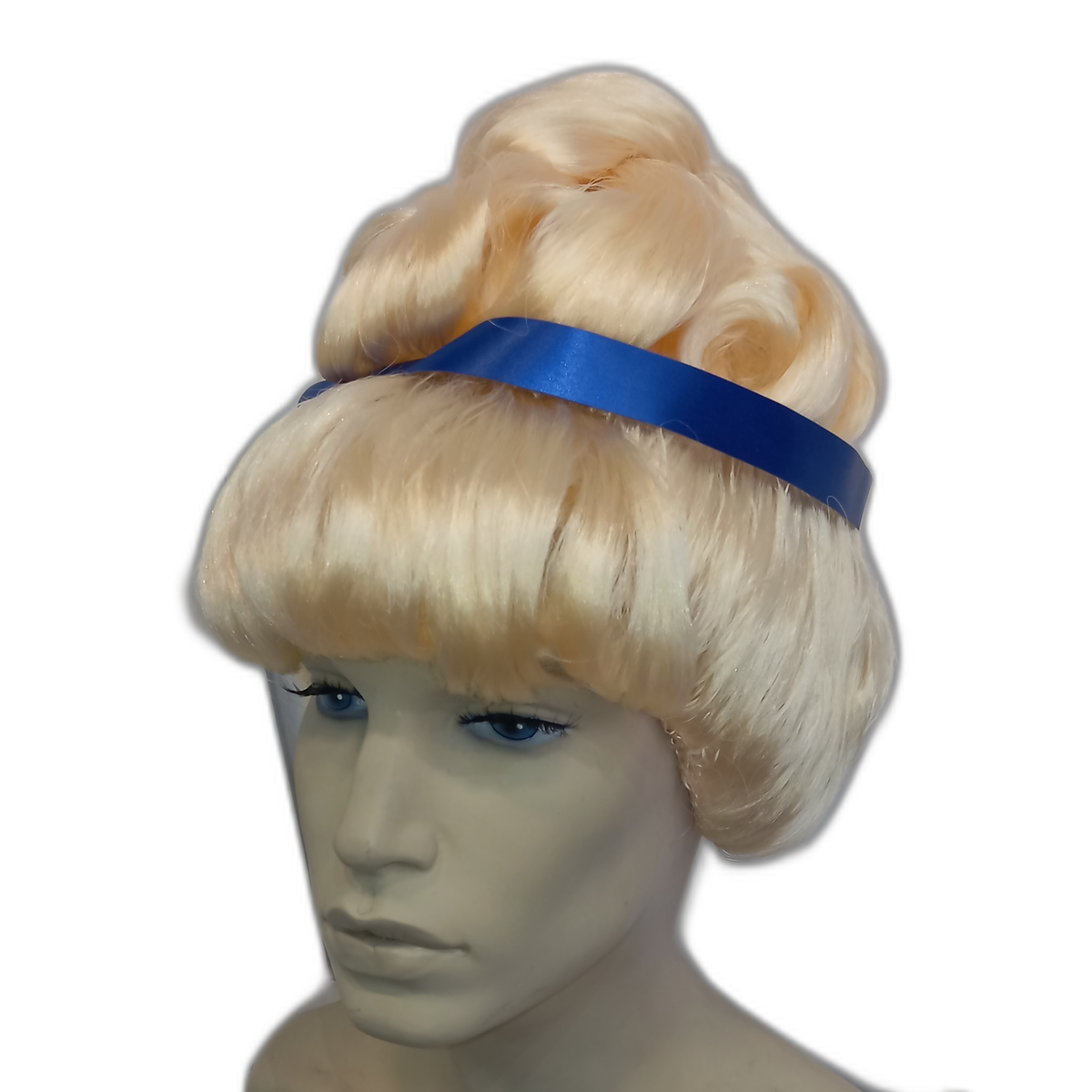 Handmade Blonde Curly Cinderella Wig with Classic Updo and Blue Ribbon Crown | Fairy Princess Style