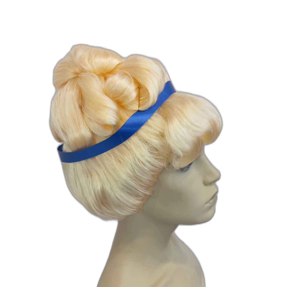 Handmade Blonde Curly Cinderella Wig with Classic Updo and Blue Ribbon Crown | Fairy Princess Style