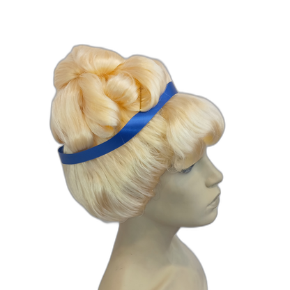 Handmade Blonde Curly Cinderella Wig with Classic Updo and Blue Ribbon Crown | Fairy Princess Style