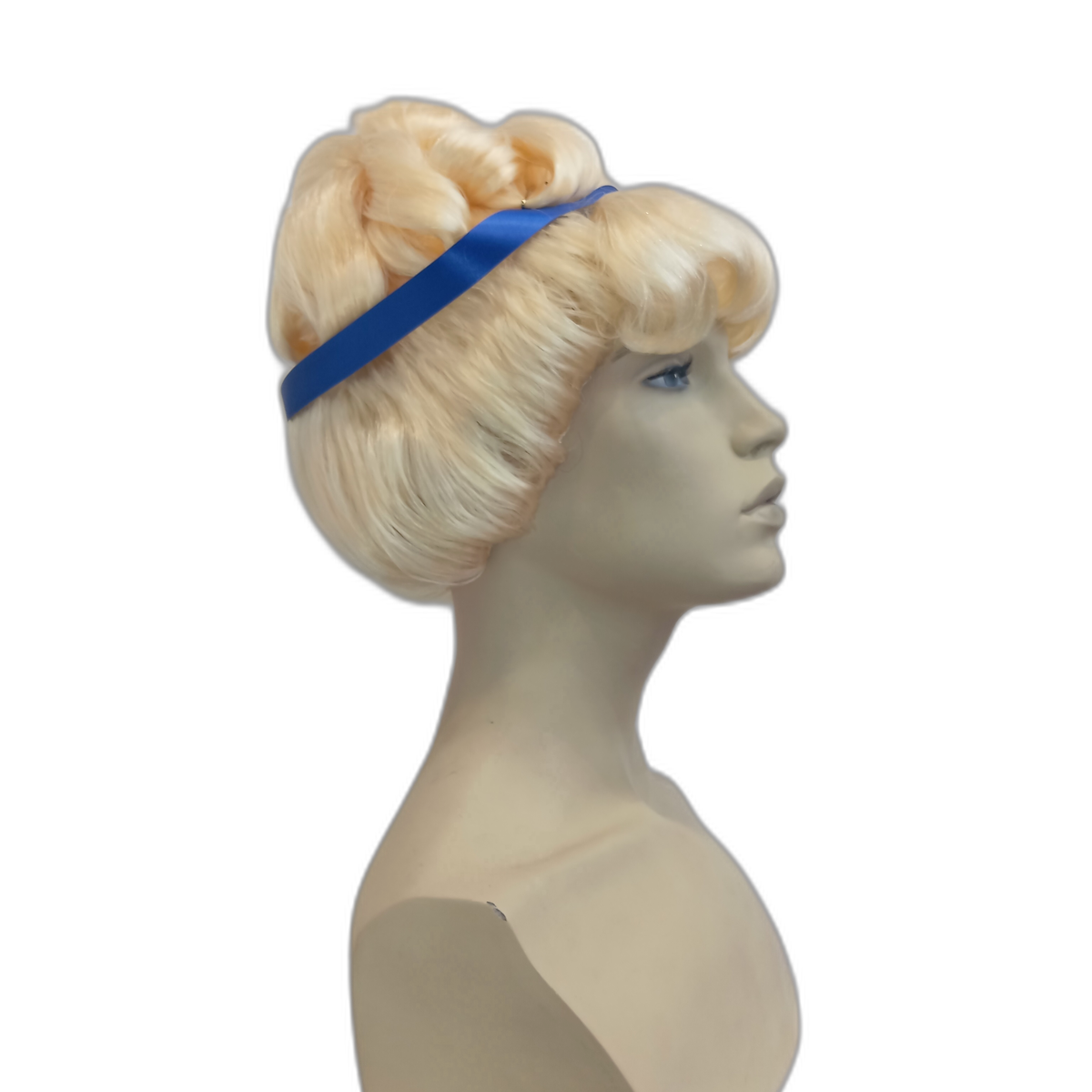 Handmade Blonde Curly Cinderella Wig with Classic Updo and Blue Ribbon Crown | Fairy Princess Style