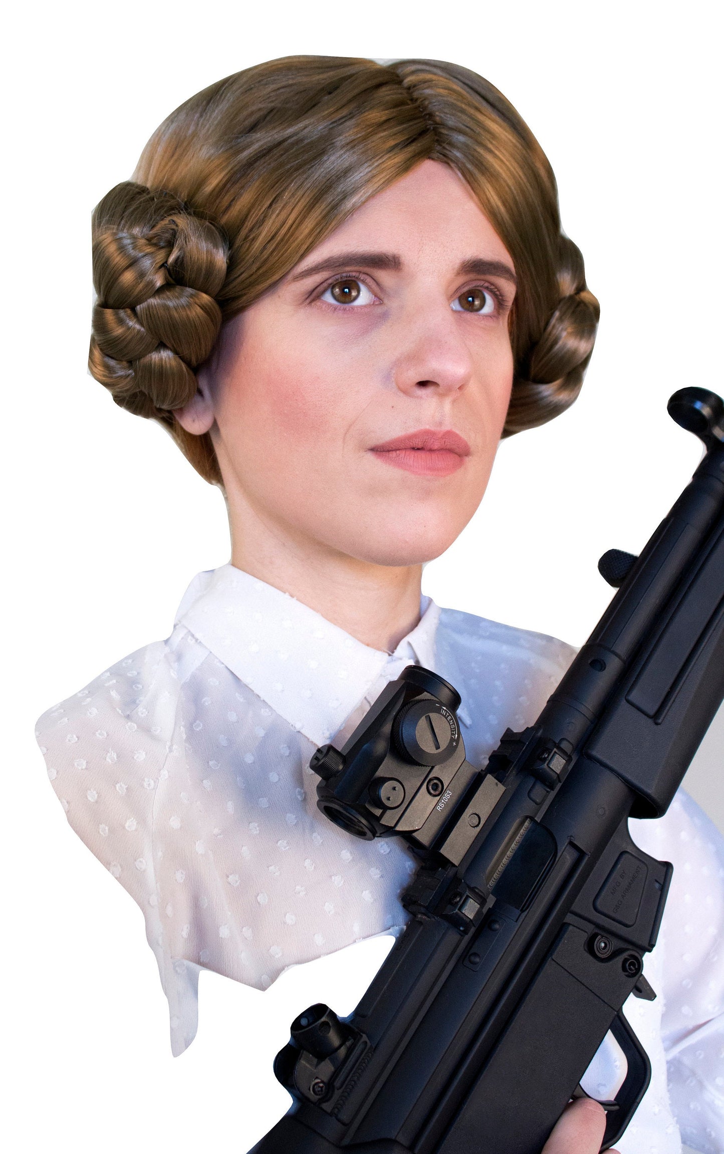 Prinsessa Leia -ruskea peruukki. Sivunutturaperuukki. Cosplay-peruukki roolileikkiasuille.