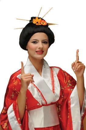 Japanese Geisha  Authentic Black Costume Wig. Size Customizable. Wooden Stick and Flowers Included.