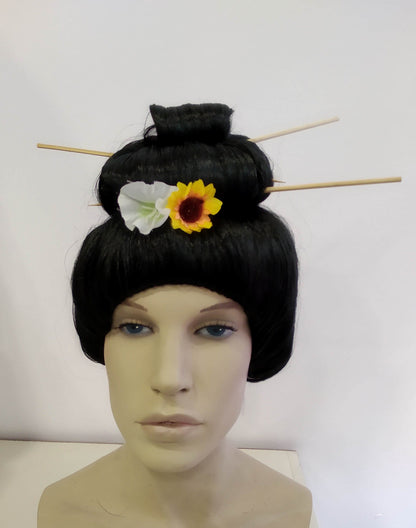 Japanese Geisha  Authentic Black Costume Wig. Size Customizable. Wooden Stick and Flowers Included.