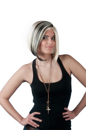 Kira mid length blonde bob with black streaks  wig