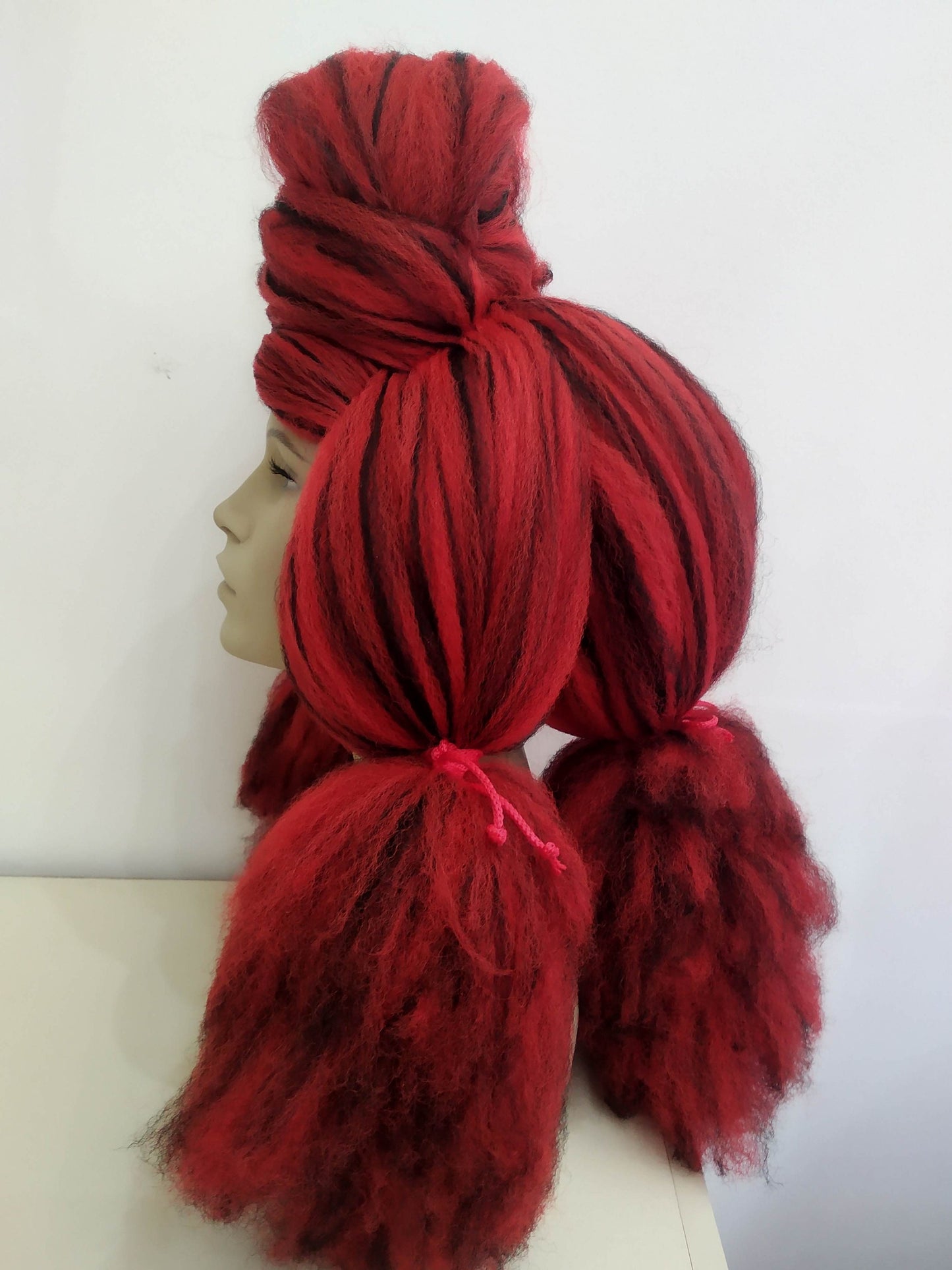 Avant-Garde Red and Black Textured Wig - Dramatic Updo with Braided Accents for Drag, Cosplay, and Theatrical Performance