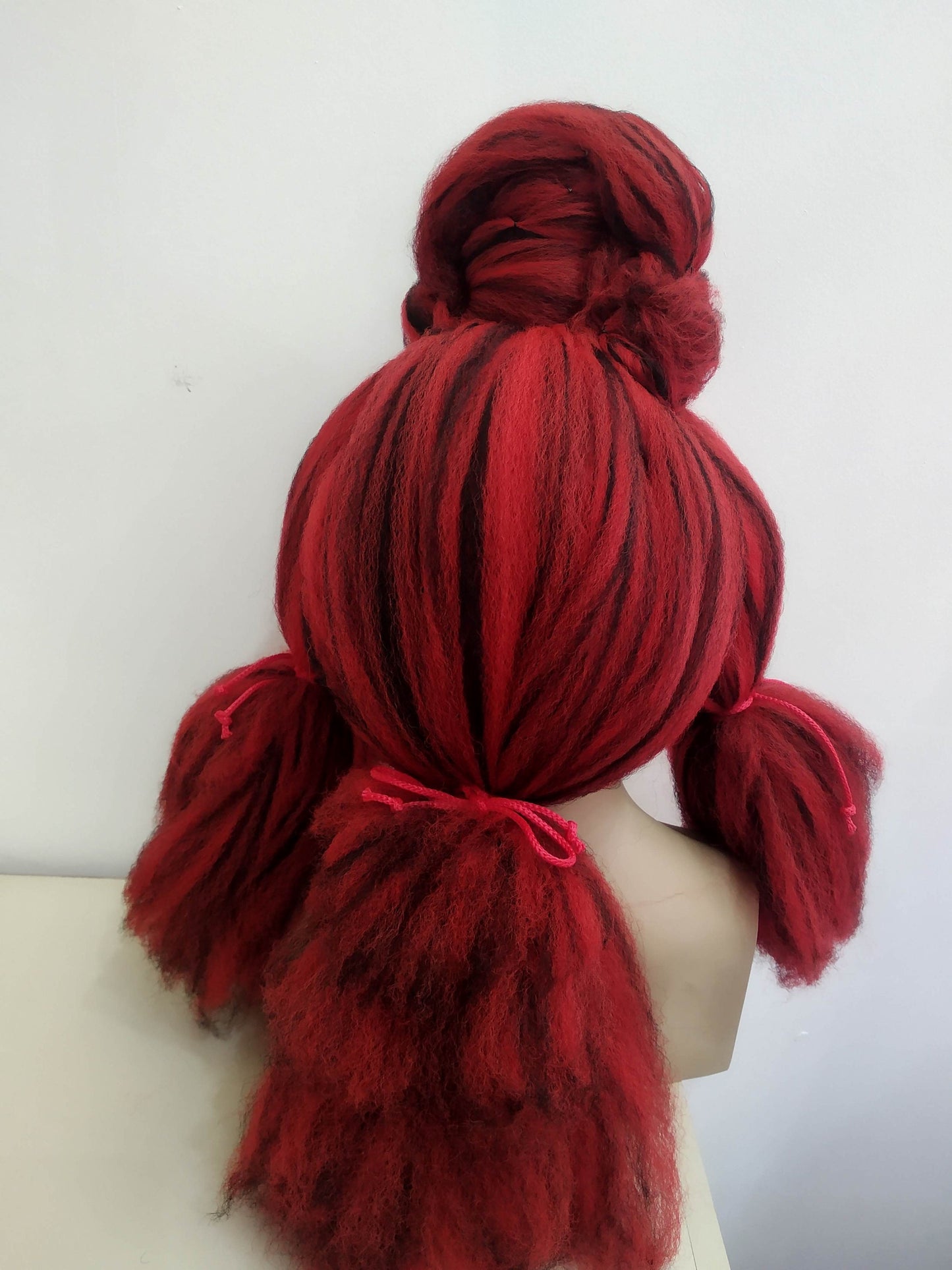 Avant-Garde Red and Black Textured Wig - Dramatic Updo with Braided Accents for Drag, Cosplay, and Theatrical Performance