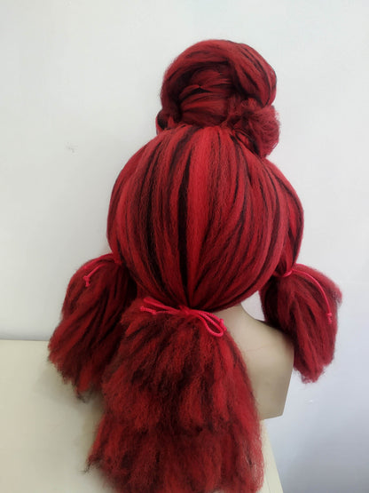 Avant-Garde Red and Black Textured Wig - Dramatic Updo with Braided Accents for Drag, Cosplay, and Theatrical Performance