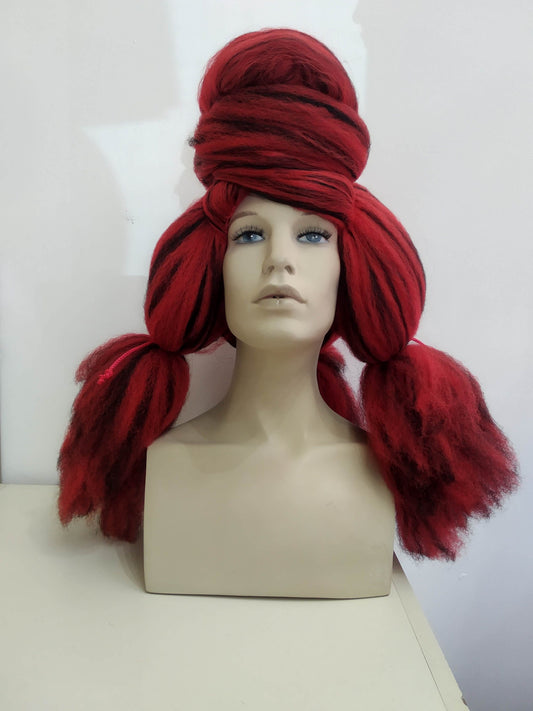 Avant-Garde Red and Black Textured Wig - Dramatic Updo with Braided Accents for Drag, Cosplay, and Theatrical Performance