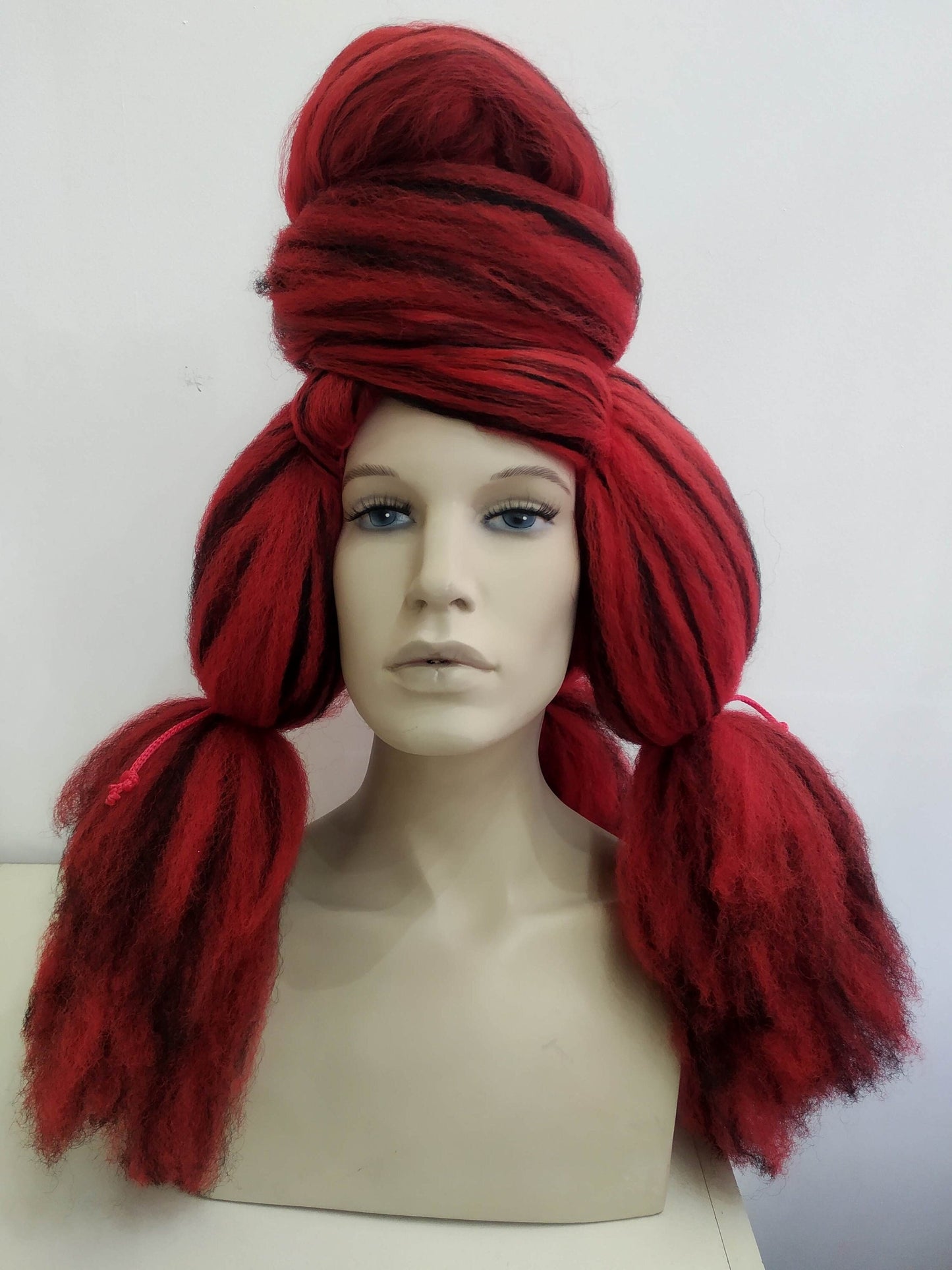 Avant-Garde Red and Black Textured Wig - Dramatic Updo with Braided Accents for Drag, Cosplay, and Theatrical Performance