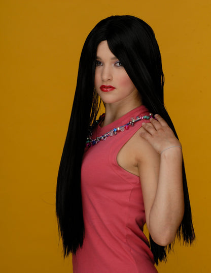Morticia - Lang Sort Glat Paryk med Talje og Mellemskilning