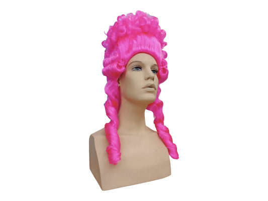 Livlig fuchsia Marie Antoinette høj bouffant periodeparyk | Rokoko paryk med elegante krøller og fletninger